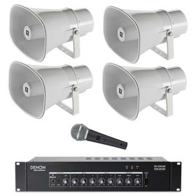 Public Address Sound System with 4 JBL CSS-H15 Paging Horns Denon Bluetooth Mixer Amplifier and FREE Microphone