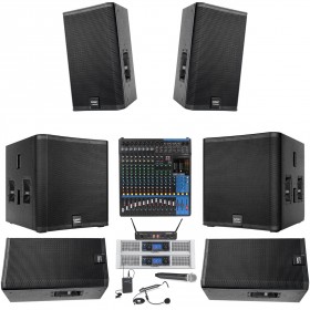 QSC Auditorium Sound System with QSC E Series Speakers and Subwoofers, Yamaha 16-Channel Mixer and Dual Wireless Microphone System