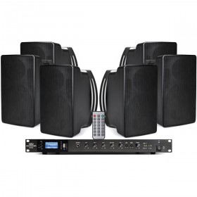 Commercial Outdoor Speaker System with 6 Pure Resonance Audio S5 Indoor/Outdoor Surface Mount Speakers and RMA350BT Rack Mount Bluetooth Mixer Amplifier