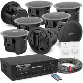 Background Music and Paging Sound System with 8 Bose FS Series Ceiling Speakers and Bluetooth Mixer Amplifier (Up to 4,000 SF)