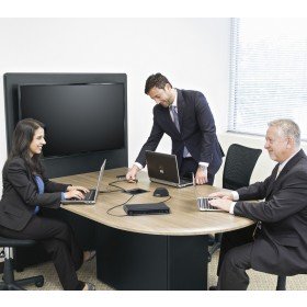 Huddle Room System with Biamp Devio CR-1T Conference Room DTM-1 Tabletop Microphone and Middle Atlantic HUB Meeting Table (Discontinued)