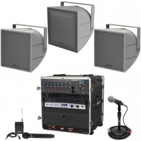 Stadium Speaker System with 3 Outdoor Community Stadium Speakers, Bluetooth Mixer and Microphones
