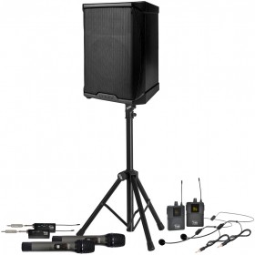 Portable Conference Room Sound System with Gemini Bluetooth PA System with 2 Dual Wireless Microphone Systems and Speaker Stand