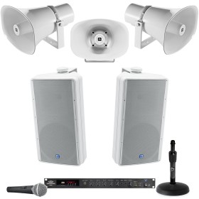 Outdoor Stadium Speaker System with 3 JBL Stadium Horn Speakers, 2 Surface Mount Speakers and Bluetooth Mixer Amplifier