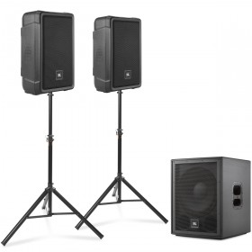 Professional Loudspeaker Package with 2 JBL Powered Bluetooth IRX108BT Loudspeakers and a Powered IRX115S Subwoofer (Crowds up to 300)