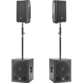 Professional Loudspeaker Package with 2 JBL Powered Bluetooth IRX112BT Loudspeakers and 2 Powered IRX115S Subwoofers (Crowds up to 500)