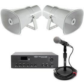 Small Outdoor Restaurant Paging System with 2 JBL CSS-H15 Paging Horns, Bluetooth Mixer Amplifier and Paging Microphone