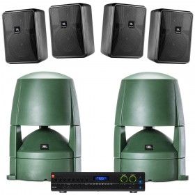 Restaurant Sound System with 4 JBL Control 25-1 Wall Mount Indoor Outdoor Speakers, 2 Landscape Garden Speakers and 2-Zone Bluetooth Mixer Amplifier
