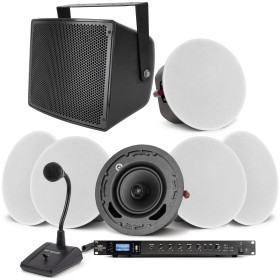 Warehouse Sound System with S10 Outdoor Speakers, 6 C6 Ceiling Speakers, RMA350BT Bluetooth Mixer Amplifier and Paging Microphone