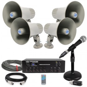 Warehouse Sound System with 4 Atlas Sound GA-15T Horns, 60W Bluetooth Mixer Amplifier and Mic with U3 Digital Wireless Plug-On System