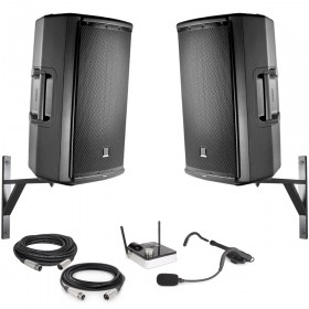 Weight Room Sound System with 2 JBL EON615 Powered Bluetooth Speakers and Samson AirLine 99m AH9 Fitness Headset