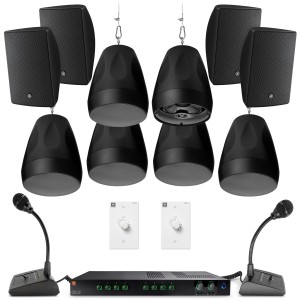 Background Music and Paging Sound System with 6 Pendant Mount Speakers and 4 Surface Mount Speakers (Up to 4,500 SF)