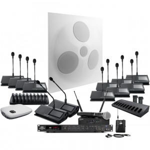 Digital Conference System with SD5 SuperDispersion Ceiling Speaker Array, RMA120BT Rack Mount Bluetooth Mixer Amplifier and Shure Microflex Complete Wireless System