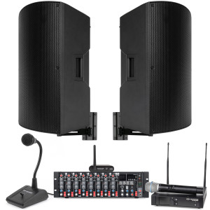 Gymnasium PA System with 2 A115 15" Powered PA Speakers, MX9 Mixer, WMS1-HH Wireless Handheld Mic, PTT1 Paging Mic and BTR1 Bluetooth Receiver