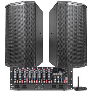 School Audio System with 2 P110 10" PA Speakers, MX9 9-Channel Mixer, DA2500 Dual-Impedance 500W Power Amplifier and BTR1 Bluetooth Wireless Receiver