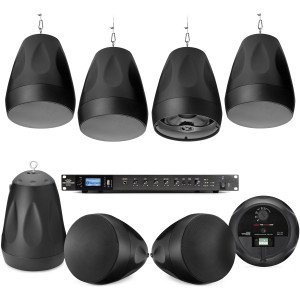 Fitness Sound System with 8 PD6 6.5" 70V Pendant Speakers and RMA350BT 350W Rack Mount Bluetooth Mixer Amplifier