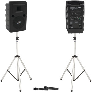 Portable Gym Sound System with 2 Wireless Speakers, 2 Wireless Microphones, Bluetooth and 117 dB Output for Crowds of up to 3,000