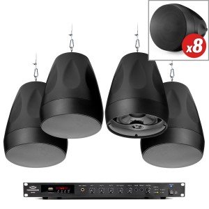 Restaurant Sound System with 8 PD6 Pendant Speakers and RMA240BT 240W Rack Mount Bluetooth Mixer Amplifier