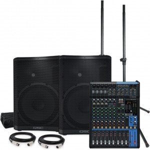 Live Sound System Package with 2 QSC CP12 12" Powered Speakers and Yamaha MG12XU 12-Channel Mixer