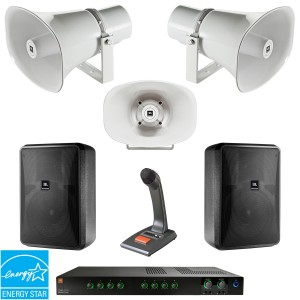 Indoor Outdoor ENERGY STAR Certified Public Address Sound System with 3 30W Long Throw Paging Horns, 2 8" Wide-Coverage Speakers, GreenEdge Mixer Amplifier and TOA Desktop Paging Microphone