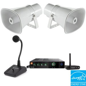 Indoor Outdoor Public Address Sound System with 2 15W Long Throw Paging Horns, Mixer Amplifier and Bluetooth Adapter (ENERGY STAR Certified)