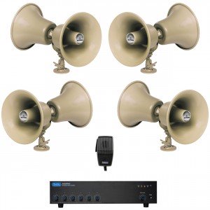 Public Address Sound System with 4 Bogen BDT30A Bi-directional Weatherproof Horns and Push-to-Talk Handheld Paging Microphone