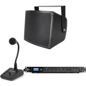Public Address Sound System with S10 Outdoor Speaker, RMA240BT Bluetooth Mixer Amplifier and Paging Microphone