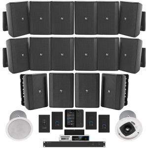 Restaurant Speaker System with 12 Electro-Voice Surface Mount Speakers, 2 Ceiling Speakers, 4 Outdoor Patio Speakers, Power Amplifier, 4-Zone Processor, Wall Control Panel, Remote XLR Input, Volume Controls, Bluetooth, and Wifi Streaming