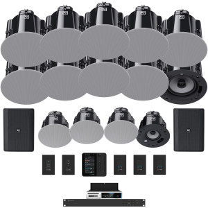 Restaurant Audio System with 14 Electro-Voice Ceiling Speakers, 2 Outdoor Patio Speakers, Power Amplifier, 4-Zone Processor, Wall Control Panel, Remote XLR Input, Volume Controls, Bluetooth, and Wifi Streaming