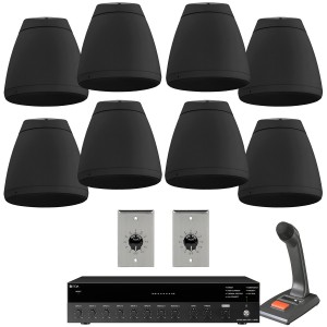 Open Ceiling Supermarket 2-Zone Sound System with 16 Indoor Outdoor Pendant Speakers and Push-to-Talk Paging Microphone