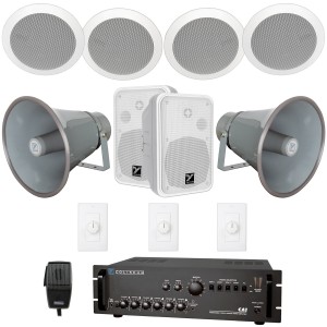 Travel Center and Food Court Multi-Zone Indoor Outdoor Sound System with 6 Speakers, 2 Paging Horns and Push-to-Talk Paging Microphone
