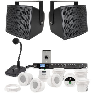 Warehouse Sound System with 2 S10 Outdoor Speakers, 8 C3 Ceiling Speakers, RMA240BT Bluetooth Mixer Amplifier, Paging Microphone and Volume Control