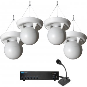 Warehouse PA Sound System with 4 Soundsphere 110 Page Pendant Mount Loudspeakers and Push-to-Talk Paging Microphone