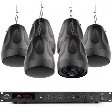 Small Restaurant Sound System with 6 PD4 Pendant Speakers and RMA120BT 120W Rack Mount Bluetooth Mixer Amplifier