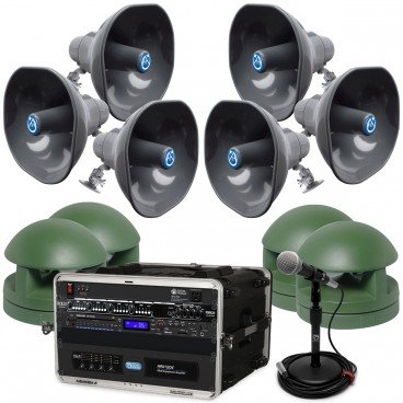 All-Weather Outdoor Amusement Park Multi-Zone Sound System with 12 Horn Speakers and 8 Landscape Speakers (Up to 4 Zones)
