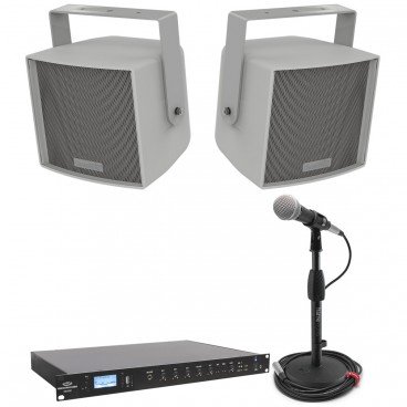 Little League Baseball Field Speaker System with 2 Community Stadium Speakers and Rack Mount Bluetooth Mixer Amplifier