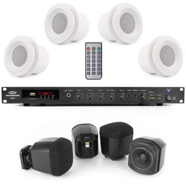 Office Sound System with 8 C3 Ceiling Speakers, 6 S3 Surface Mount Speakers and RMA240BT 240W Rack Mount Bluetooth Mixer Amplifier