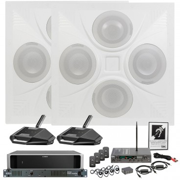 Conference Room Sound System with 2 Ceiling Speaker Arrays and Bosch Dicentis Wired Conference System with 12 Voting Discussion Devices