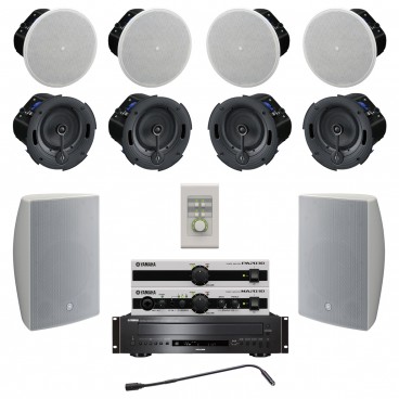 Small Conference Room Sound System with 8 Yamaha VXC and 2 VXS Series Speakers PA2030 Power Amplifier and MA2030 Mixer Amplifier