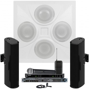 Conference Room Sound System with a Ceiling Speaker Array 2 Community Line Array Speakers Rolls MA1705 Mixer Amplifier and Shure Wireless System