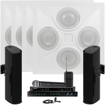 Conference Room Sound System with 4 Ceiling Speaker Arrays 2 Community Line Array Speakers JBL Mixer Amplifier and Shure Wireless System