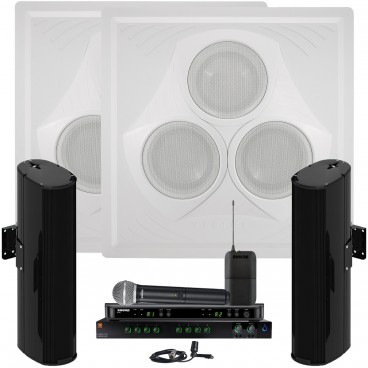 Conference Room Sound System with 2 Vector Ceiling Speaker Arrays 2 Community Line Array Speakers JBL Mixer Amplifier and Shure Wireless System