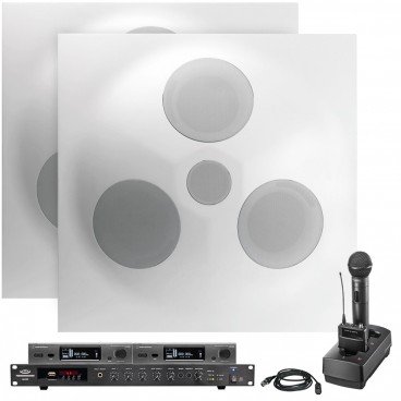 Conference Room Sound System with 2 SD5 SuperDispersion Ceiling Speaker Arrays, Bluetooth Mixer Amplifier and 2 Wireless Microphone Systems