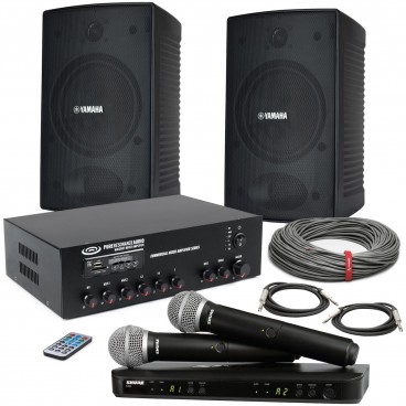 Church Conference Room Sound System with 2 Surface Mount Speakers, Bluetooth Mixer Amplifier and Dual Wireless Microphone