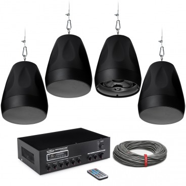 Open Ceiling Classroom Sound System with 4 Pure Resonance Audio Pendant Speakers and Bluetooth Mixer Amplifier