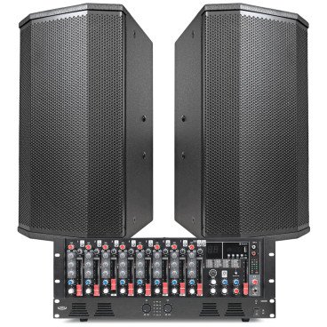 Fitness Studio Sound System with 2 P110 10" PA Speakers, MX9 9-Channel Mixer and DA2500 Dual-Impedance 500W Power Amplifier