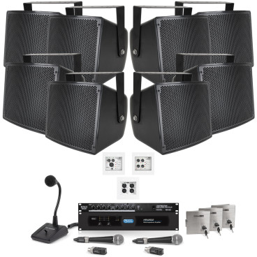 Gymnasium Sound System with 8 S10 Outdoor Speakers, In-Wall Mixers, 2 Wireless Handheld Mics, Paging Mic and Bluetooth