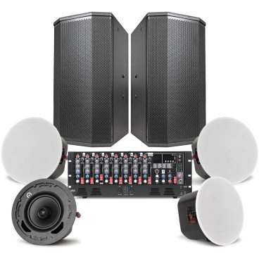 Gymnasium Audio System with 2 P110 10" PA Speakers, 4 C6 6.5" 70V Ceiling Speakers, MX9 9-Channel Mixer, and DA2500 Dual-Impedance 500W Power Amplifier