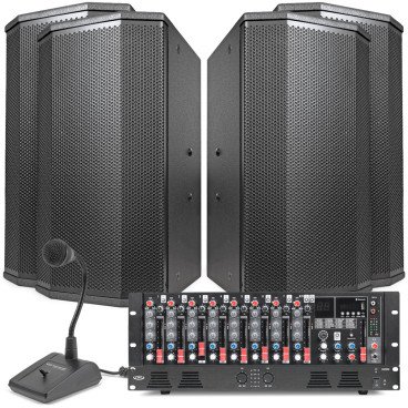 Gymnasium Speaker System with 4 P110 10" PA Speakers, MX9 9-Channel Mixer, DA2500 Dual-Impedance 500W Power Amplifier and PTT1 Paging Microphone