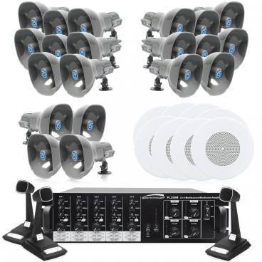 Warehouse and Office Sound System for Multi-Zone Paging and Background Music with 28 Speakers and 3 Paging Microphones (Up to 4 Zones)